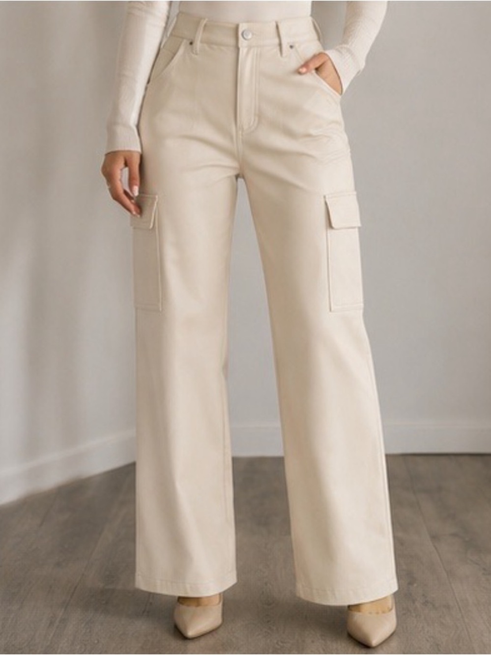 Cargo High-Waist Wide-Leg Faux Leather Pants in Cream